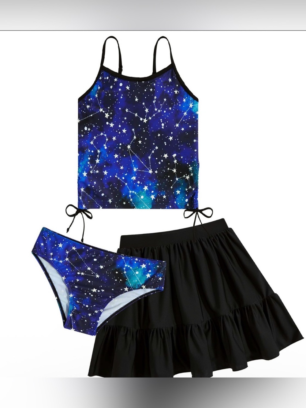 Little Girl 3 piece tankini, Galaxy Star Swim Set with Black Skirt size 10T